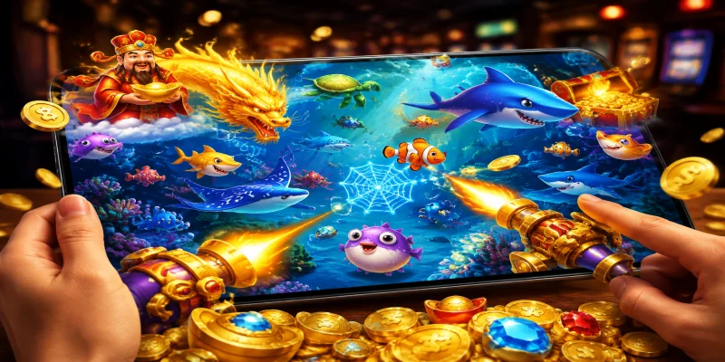 Giao diện bắn cá thần tài sống động với hàng loạt sinh vật đại dương kỳ ảo thu hút người chơi tại NOHU
