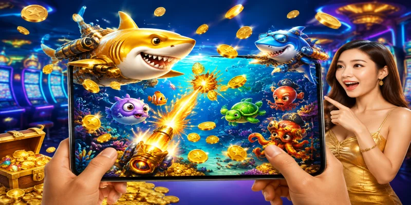 Giao diện sảnh game bắn cá jackpot sống động với hàng loạt sinh vật biển kỳ vĩ tại NOHU